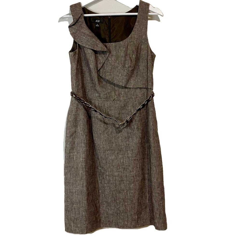 AGB Women’s Midi Business Ruffle Front Scoop Neck Dress Brown Size 6 EUC
